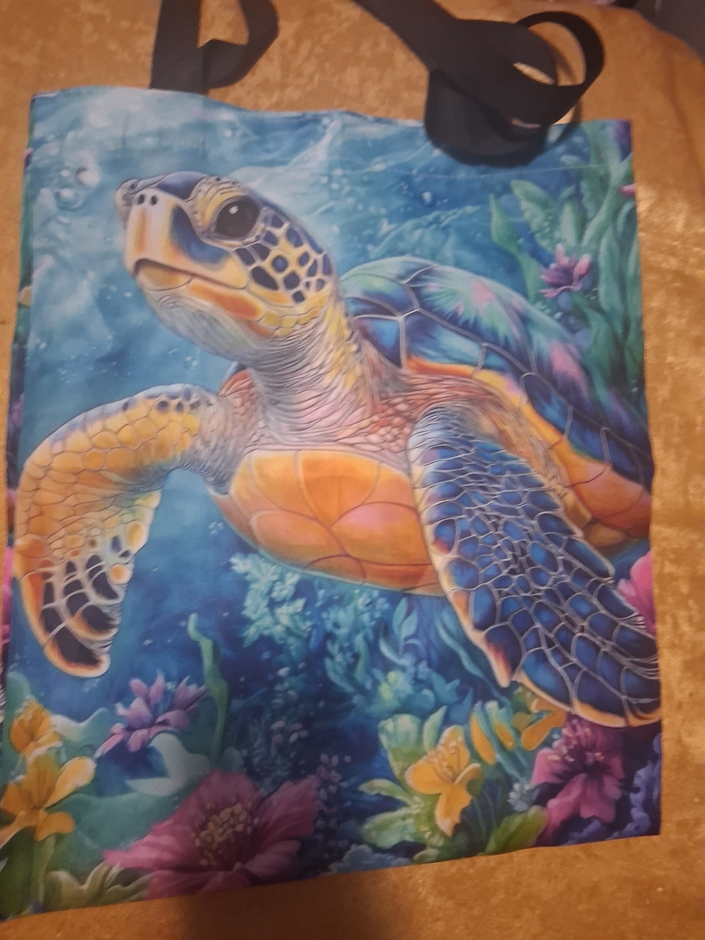 Colorful Sea Turtle Tote Bag - Blue & Orange - Picture 2 of 3